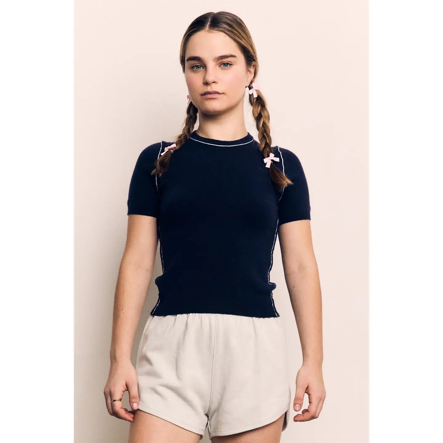 Contrast Short Sleeve Fine Yarn Sweater - Navy