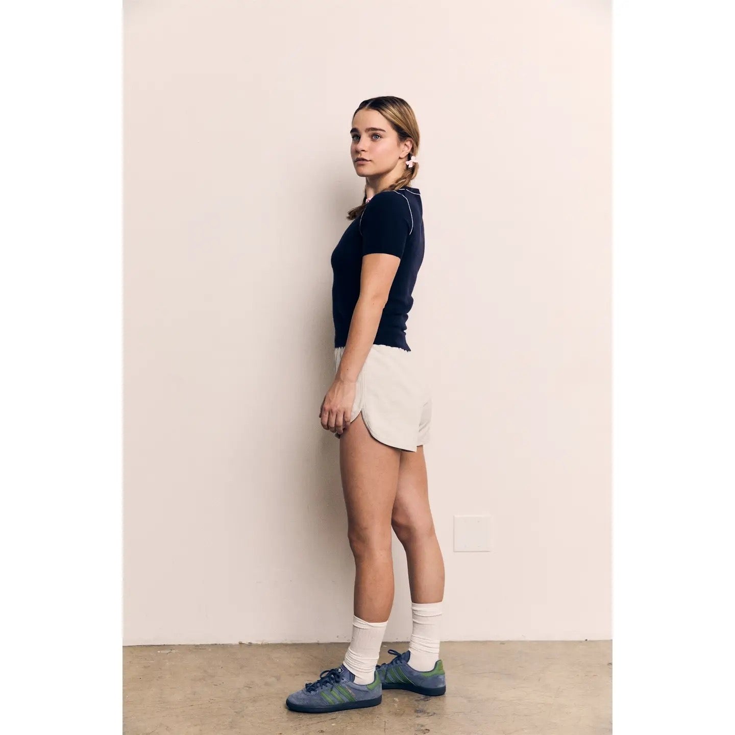 Contrast Short Sleeve Fine Yarn Sweater - Navy
