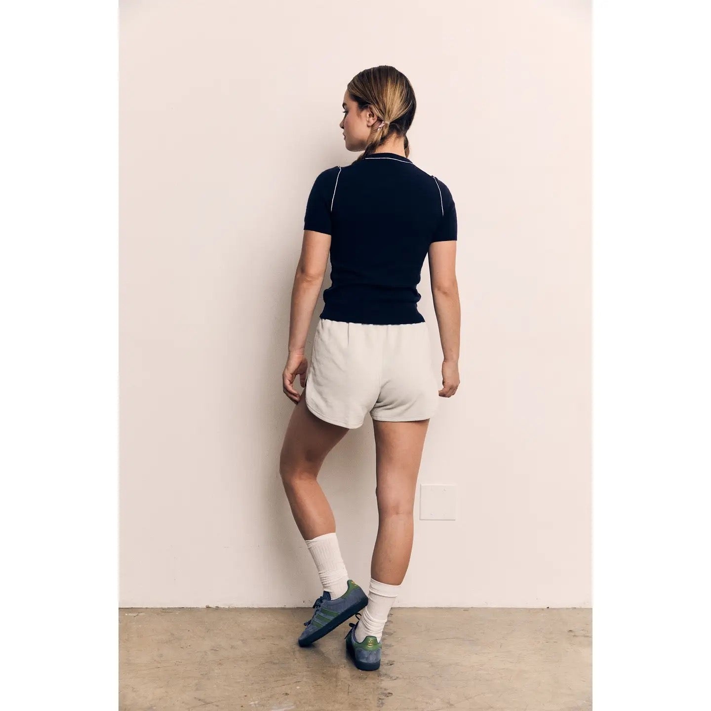 Contrast Short Sleeve Fine Yarn Sweater - Navy