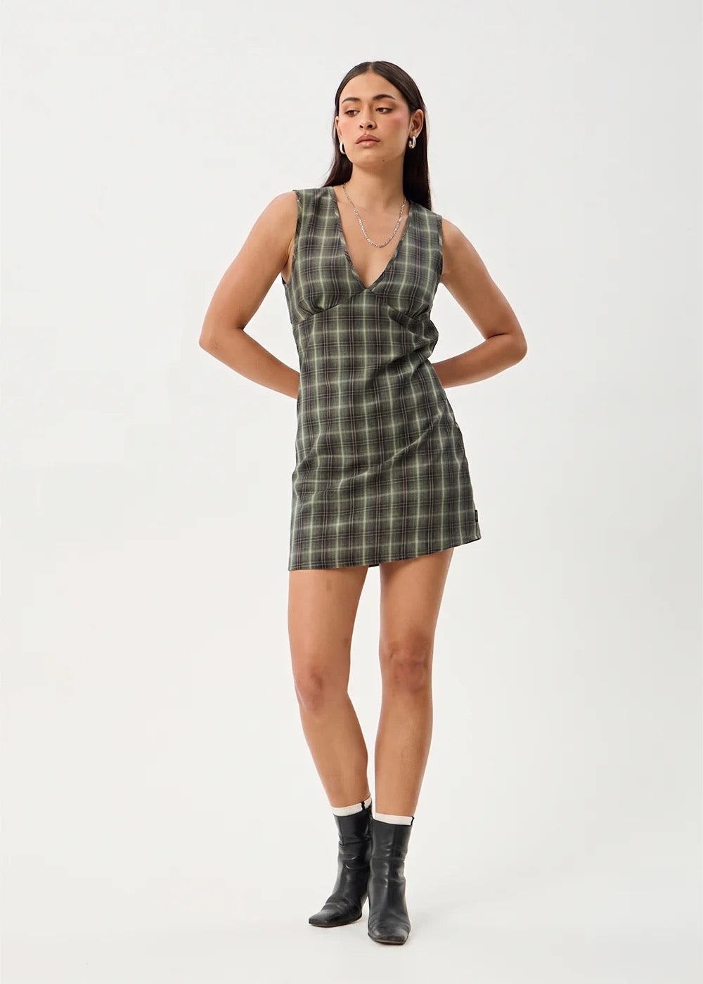 Jonah Recycled Mini Dress - Deep Olive Check