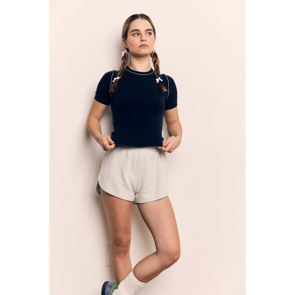 Contrast Short Sleeve Fine Yarn Sweater - Navy
