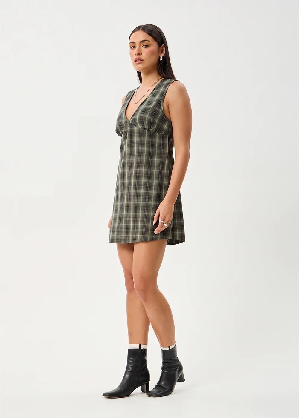 Jonah Recycled Mini Dress - Deep Olive Check