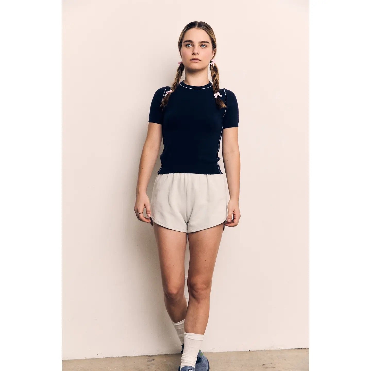 Contrast Short Sleeve Fine Yarn Sweater - Navy