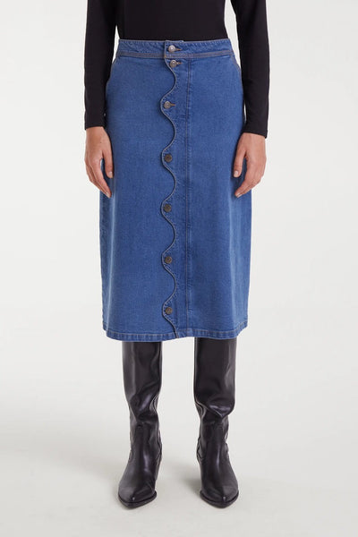 Wavy Denim Midi Skirt