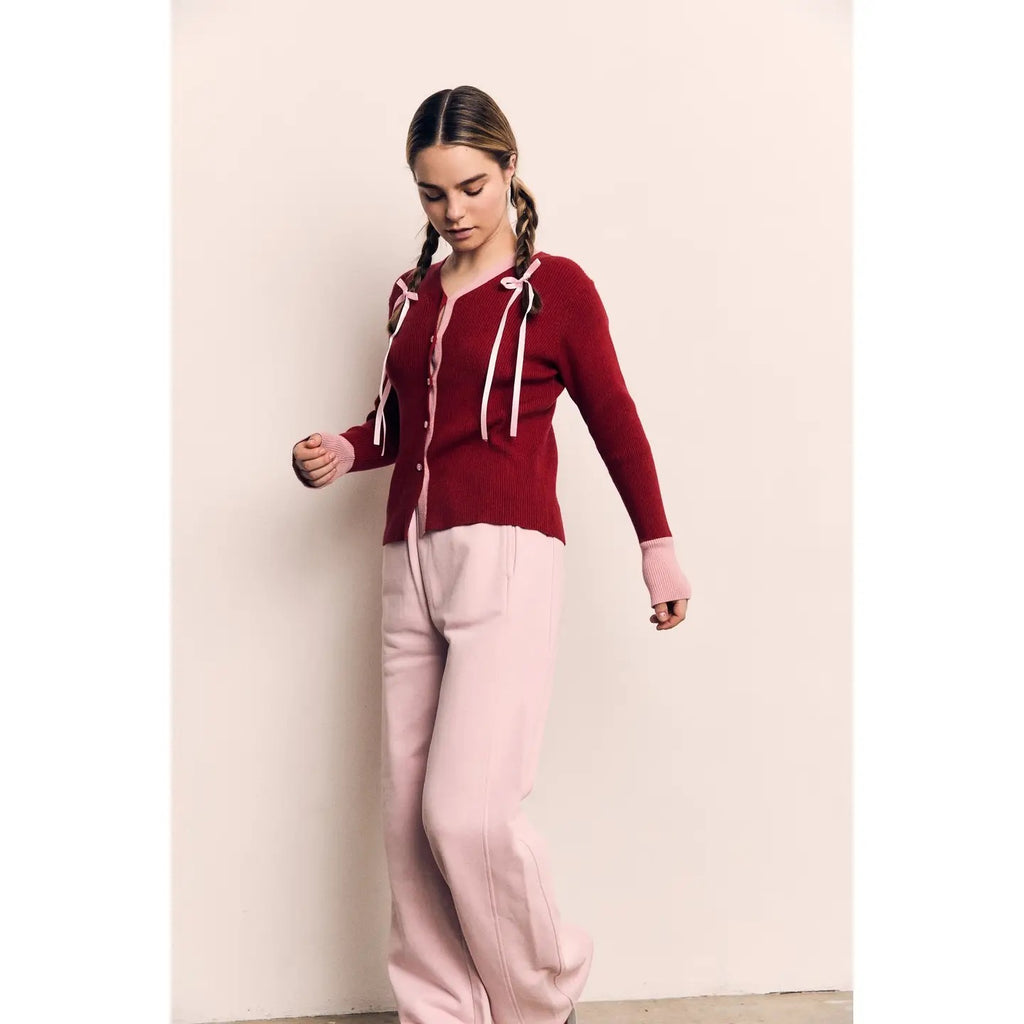 Contrast Soft Cardigan - Red/Pink