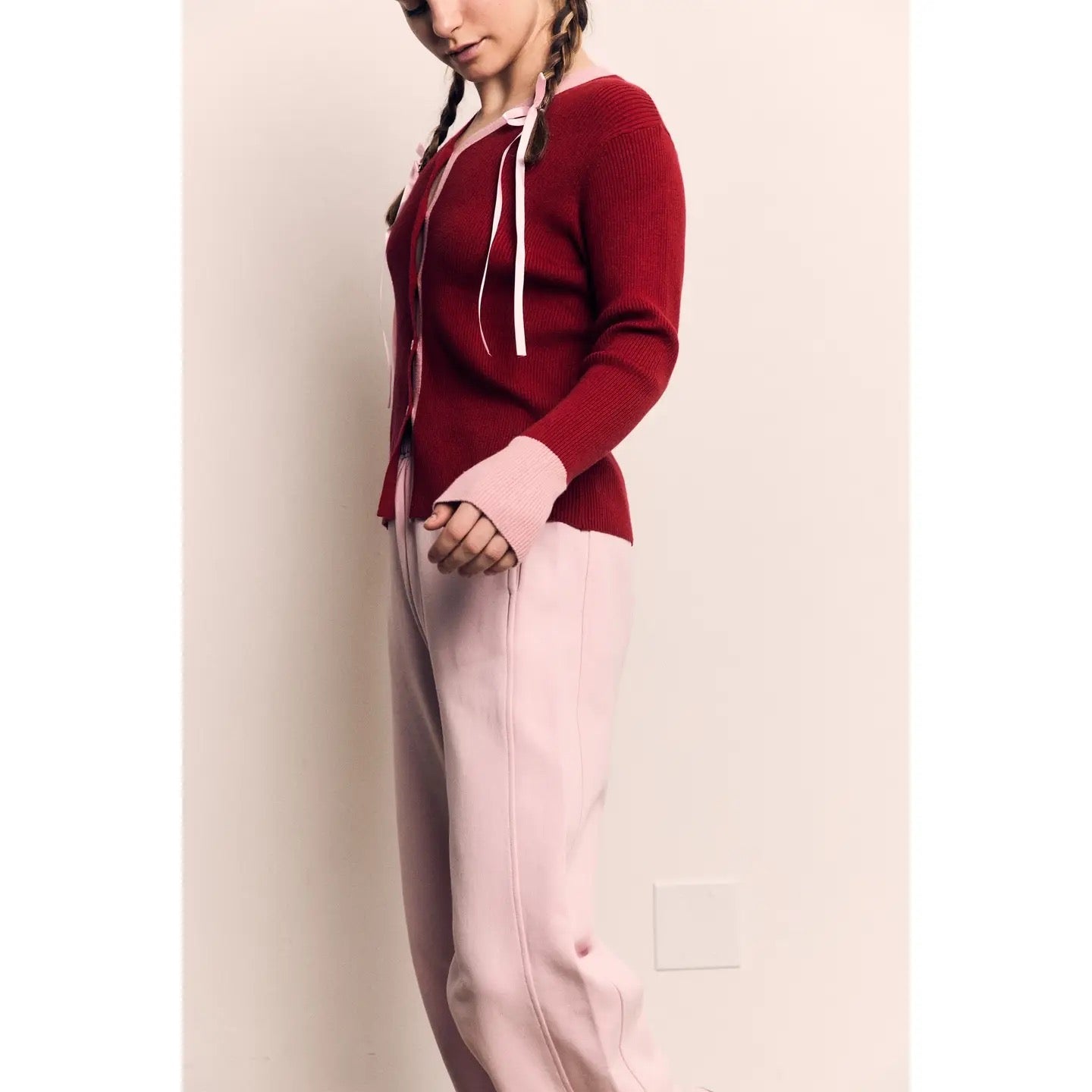 Contrast Soft Cardigan - Red/Pink