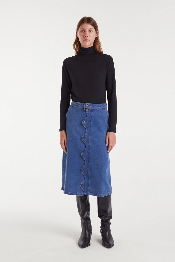 Wavy Denim Midi Skirt