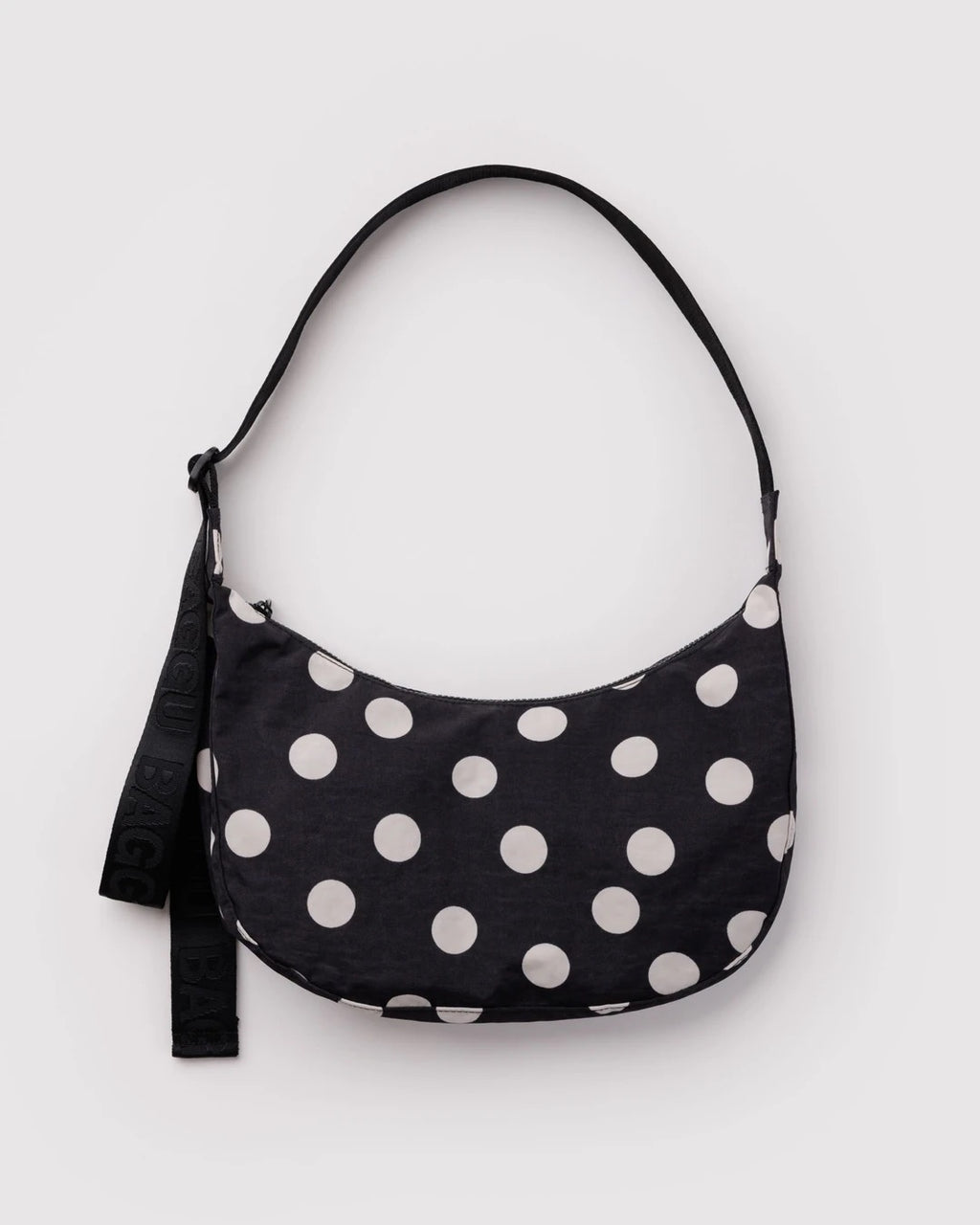 Medium Nylon Crescent Bag - Black & Cream Polka Dot