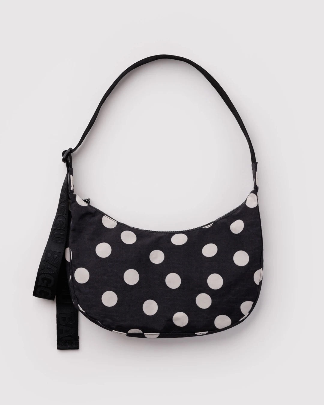 Medium Nylon Crescent Bag - Black & Cream Polka Dot