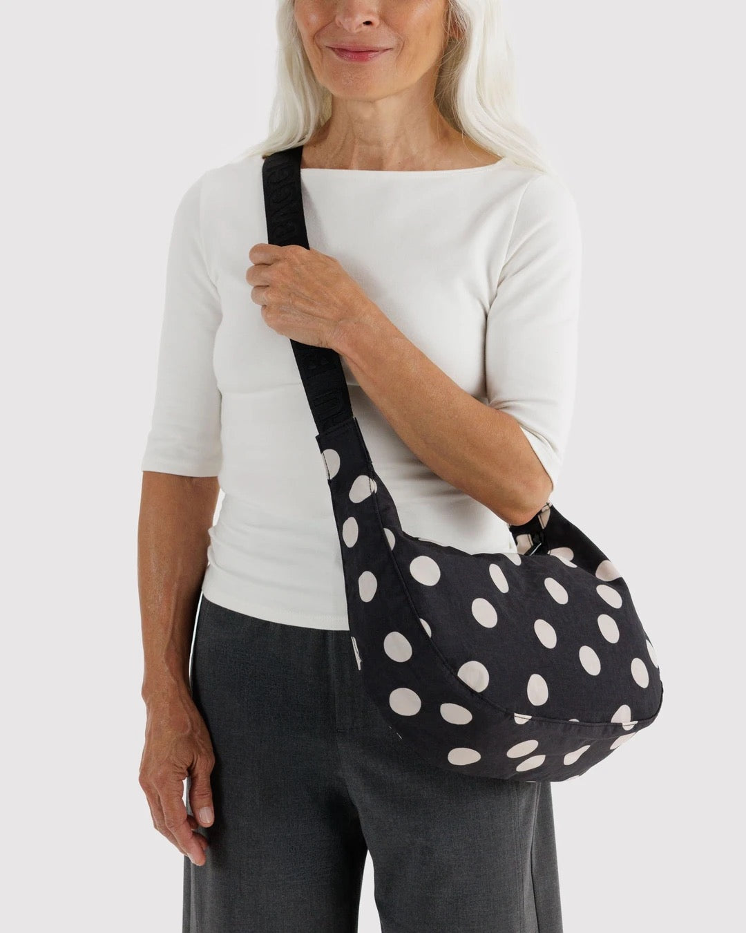 Medium Nylon Crescent Bag - Black & Cream Polka Dot