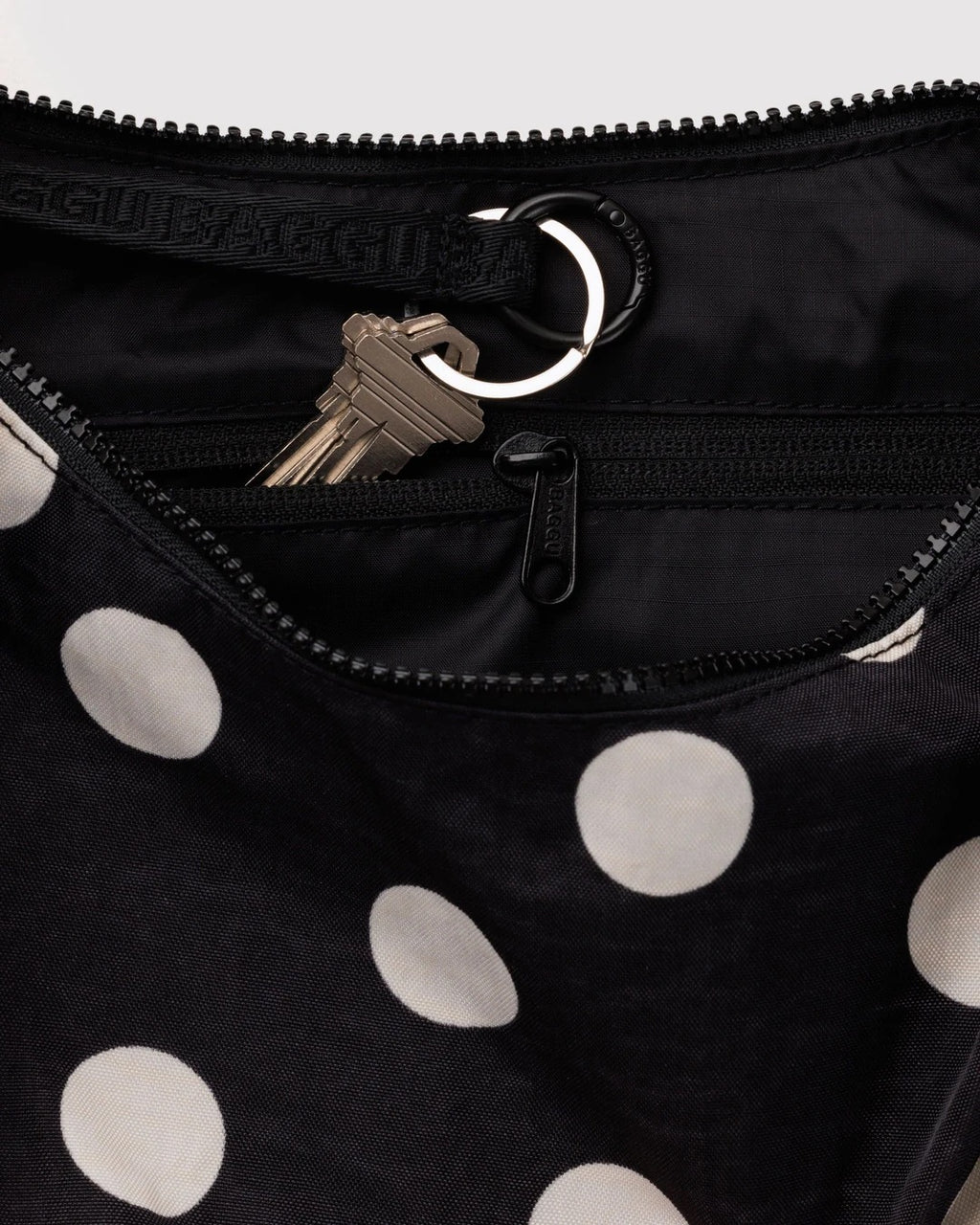 Medium Nylon Crescent Bag - Black & Cream Polka Dot