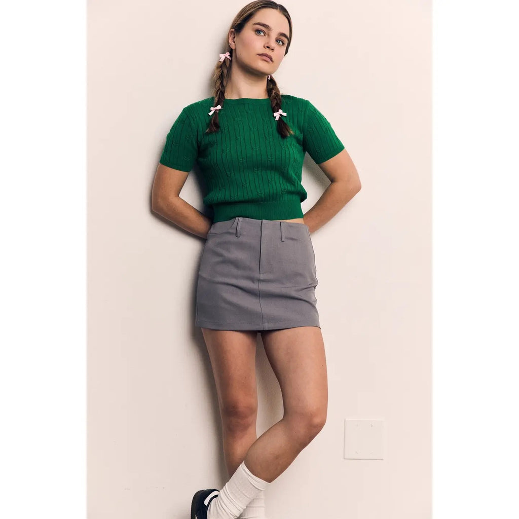 Textured Cableknit Short Sleeve Sweater