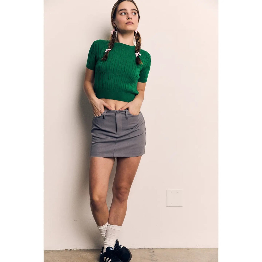 Textured Cableknit Short Sleeve Sweater