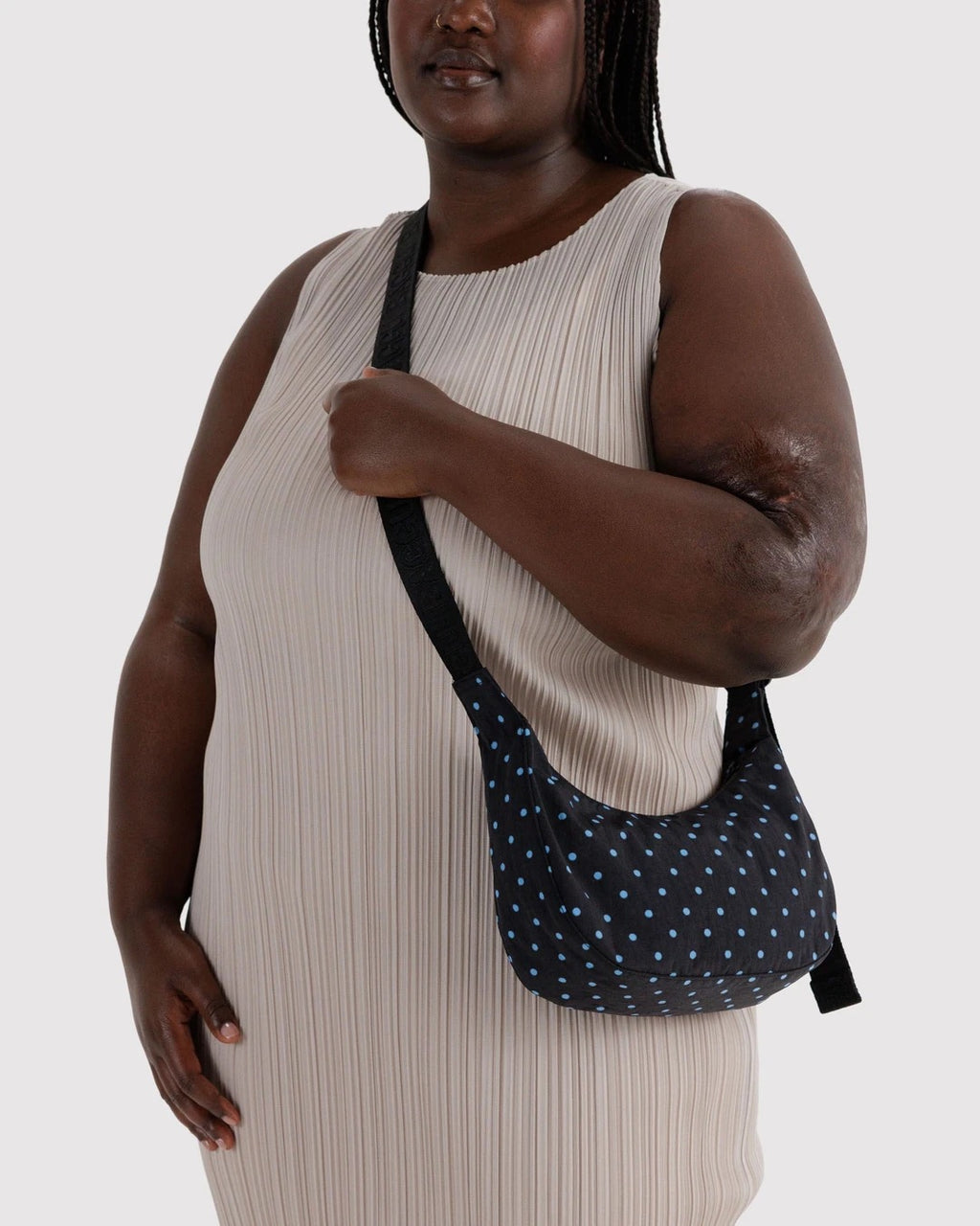 Small Nylon Crescent Bag - Black & Sky Blue Micro Dot
