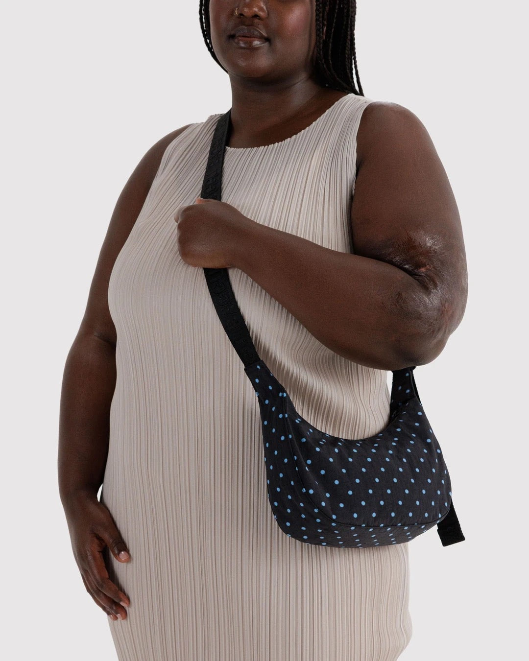 Small Nylon Crescent Bag - Black & Sky Blue Micro Dot