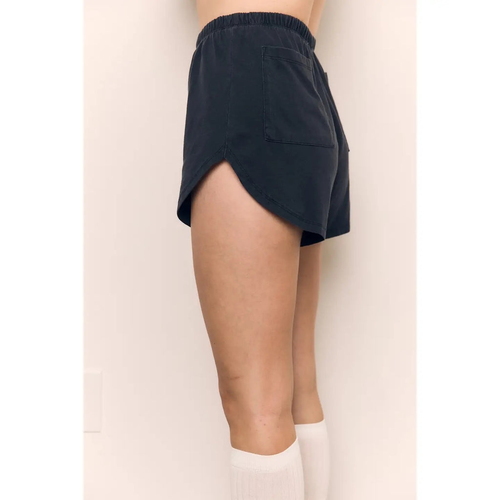 High Waist Mineral Washed Cotton Jersey Dolphin Short - Black