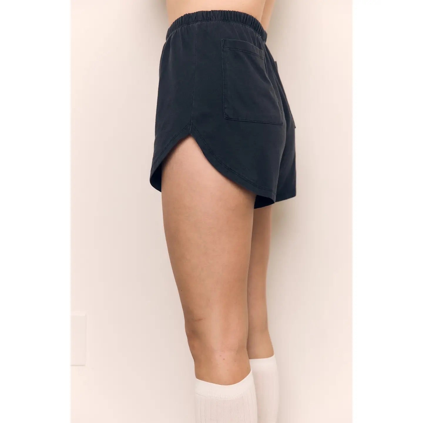 High Waist Mineral Washed Cotton Jersey Dolphin Short - Black