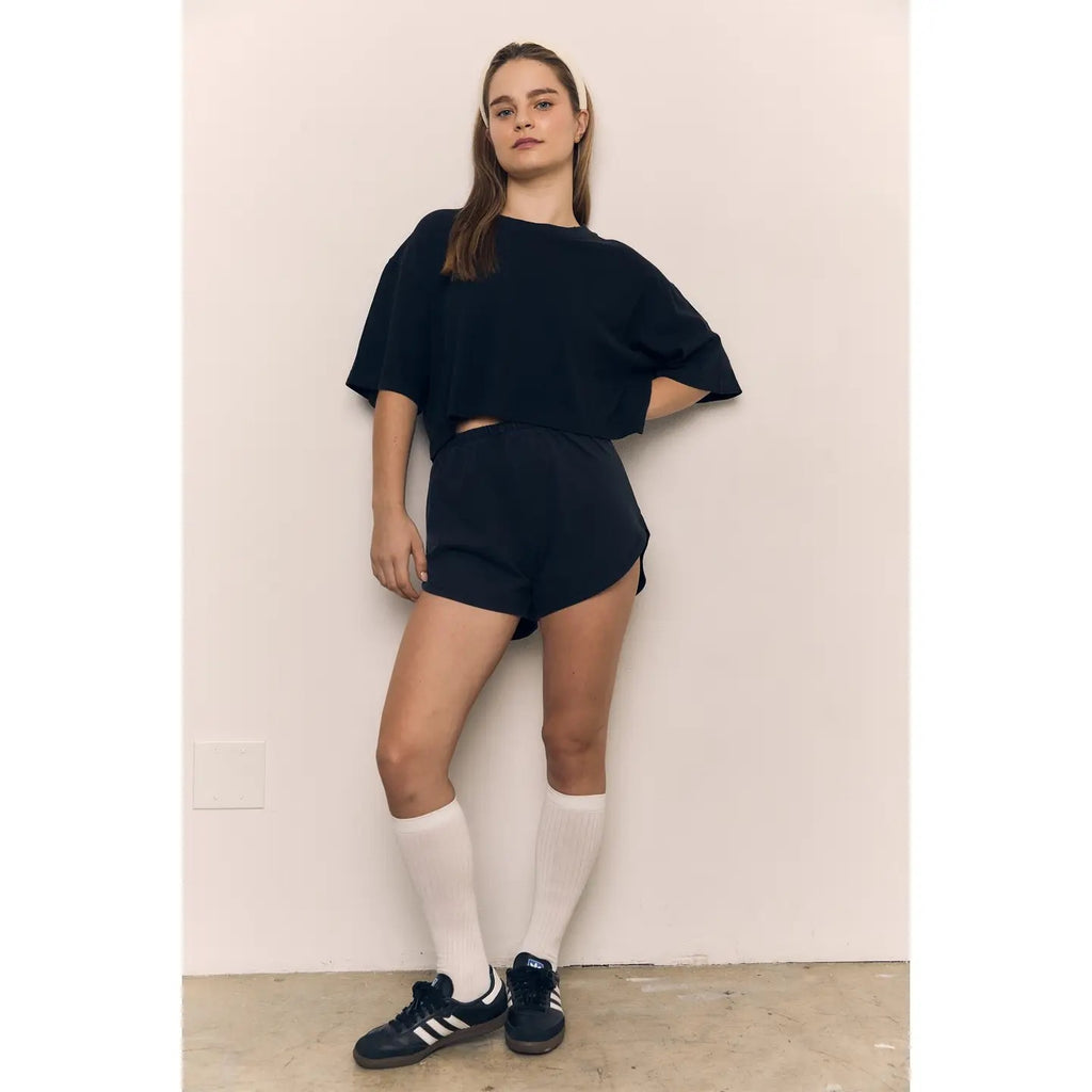 High Waist Mineral Washed Cotton Jersey Dolphin Short - Black