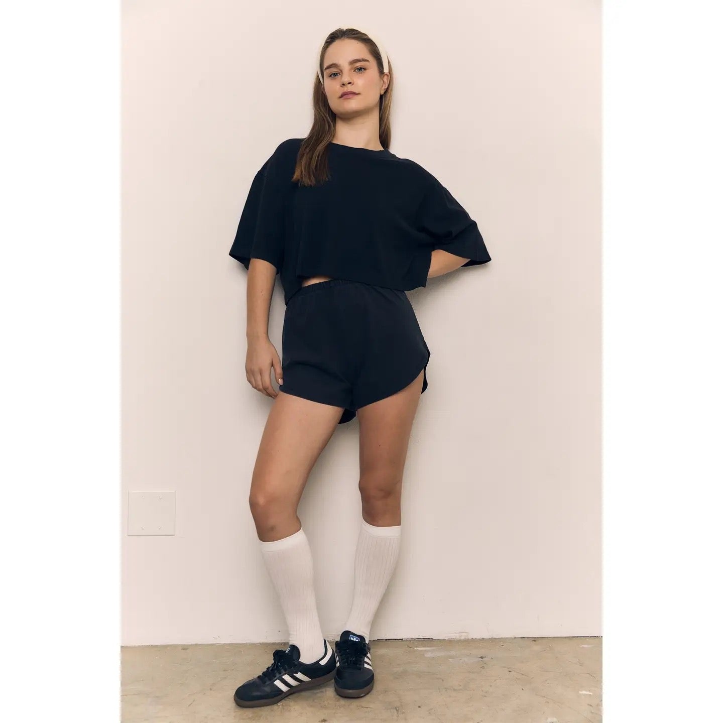 High Waist Mineral Washed Cotton Jersey Dolphin Short - Black