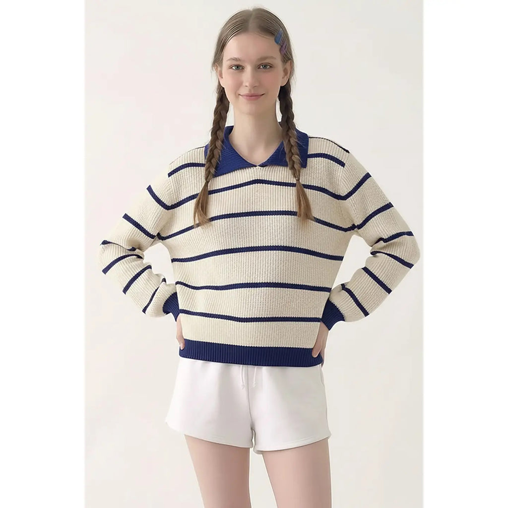 Striped Collared Sweater - Ivory/Navy