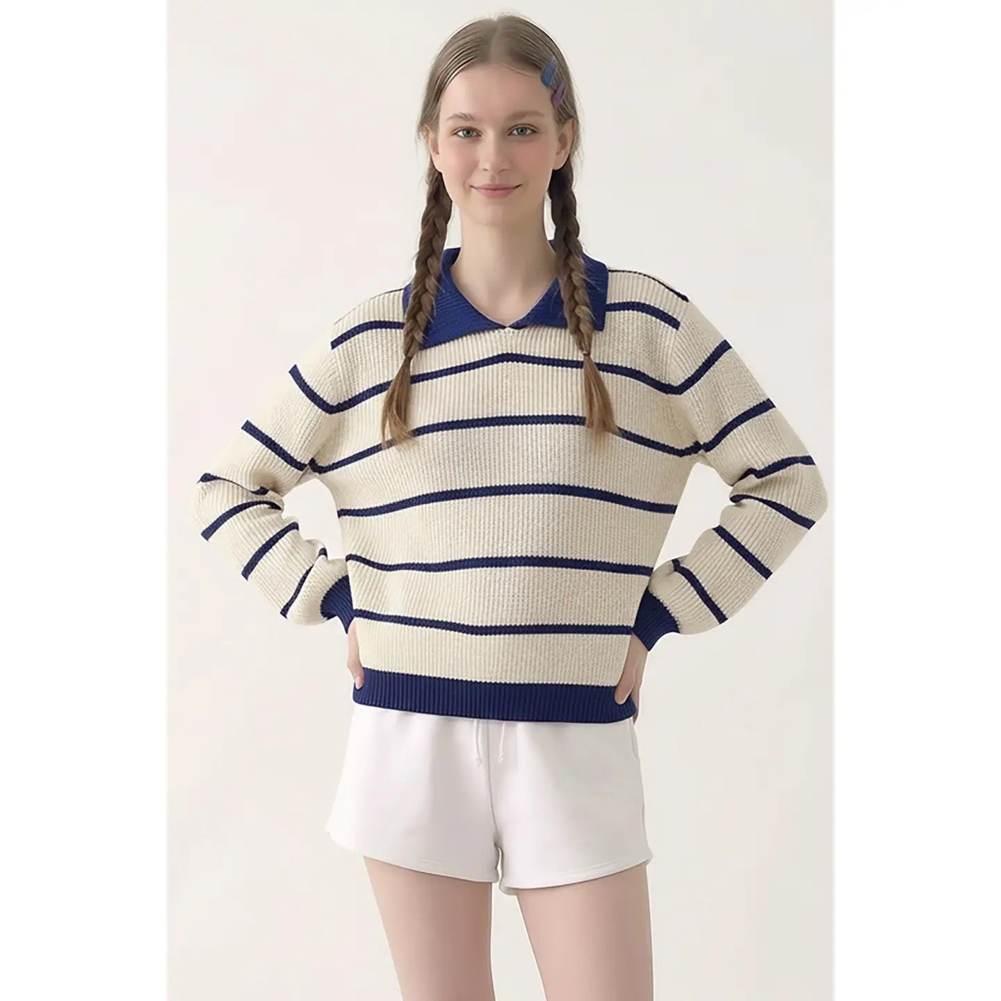 Striped Collared Sweater - Ivory/Navy