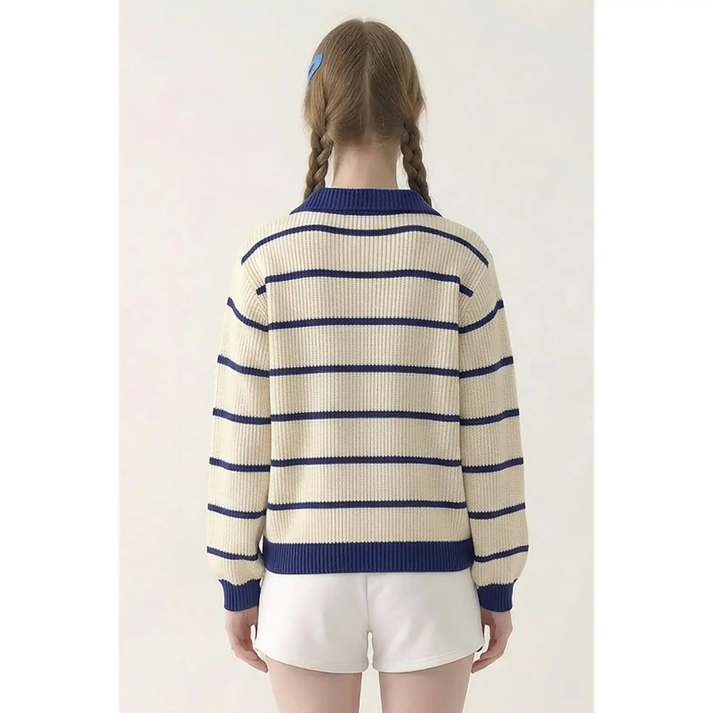 Striped Collared Sweater - Ivory/Navy