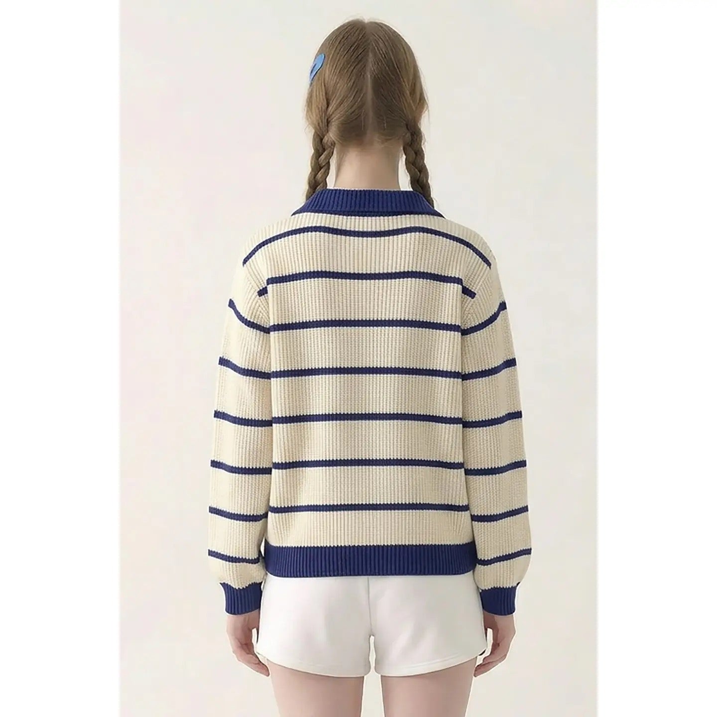 Striped Collared Sweater - Ivory/Navy