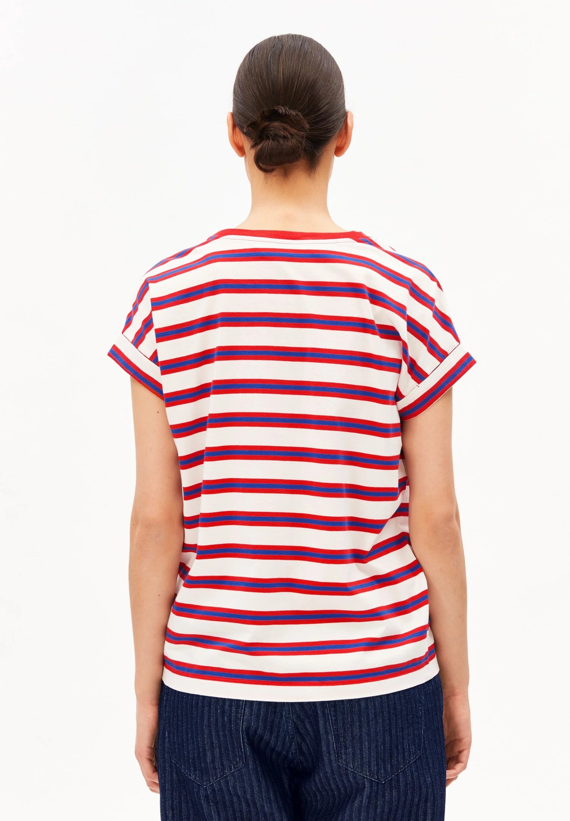 Idaara Stripes Organic Cotton T Shirt - Light Oatmilk/Mars Red/Dynamo Blue