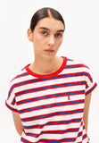 Idaara Stripes Organic Cotton T Shirt - Light Oatmilk/Mars Red/Dynamo Blue