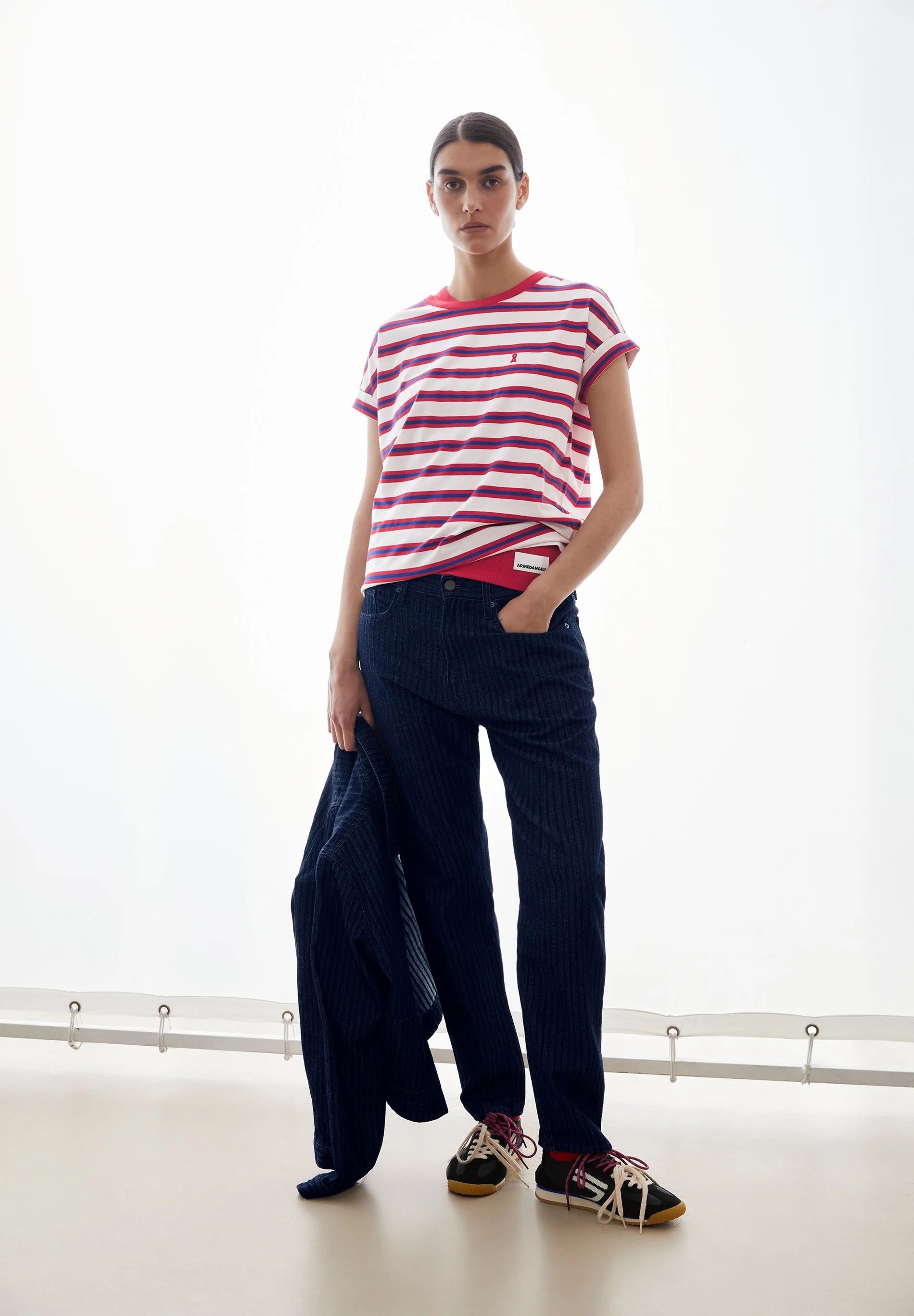 Idaara Stripes Organic Cotton T Shirt - Light Oatmilk/Mars Red/Dynamo Blue
