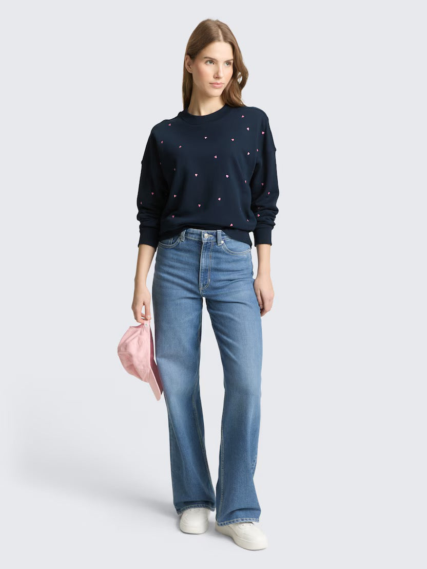 Loose Fit Sweatshirt With Embroidery - Navy/Pink