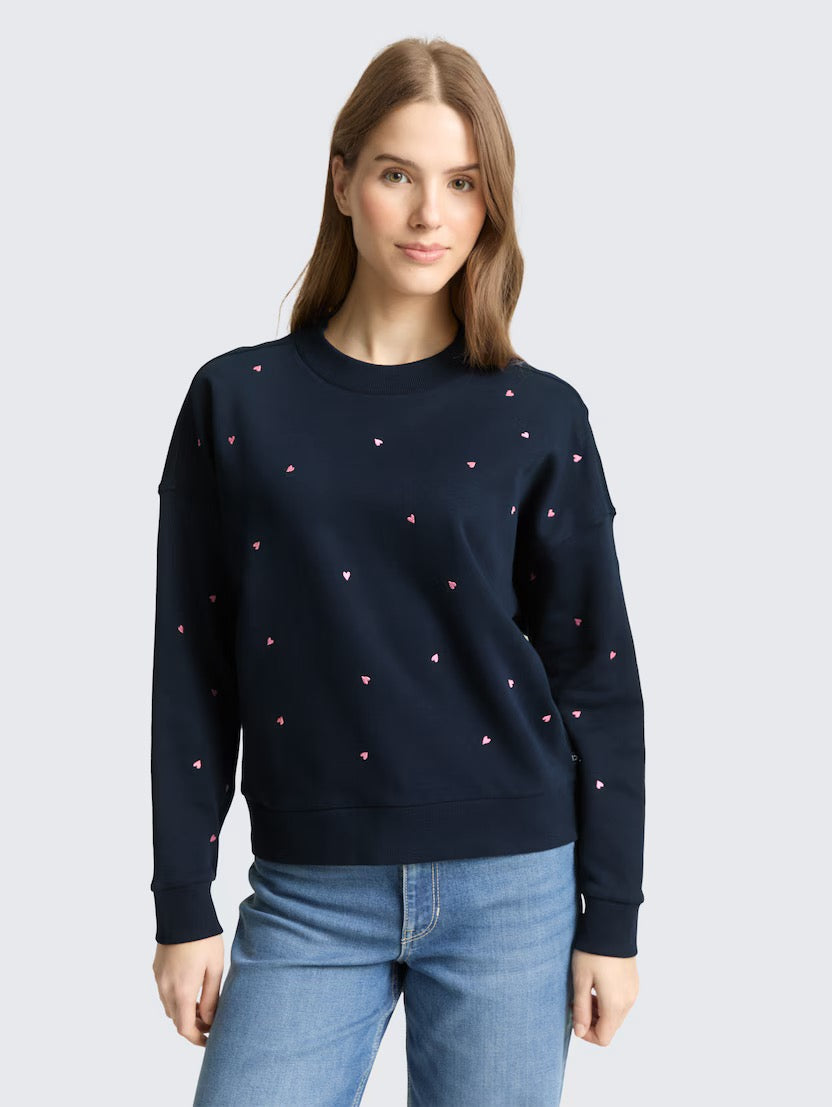 Loose Fit Sweatshirt With Embroidery - Navy/Pink