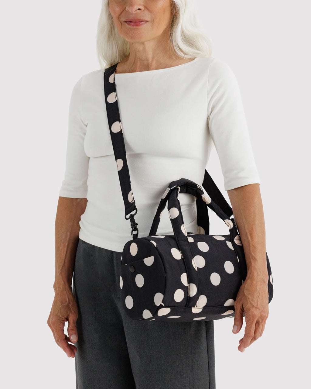 Nylon Duffle Bag - Black & Cream Polka Dot