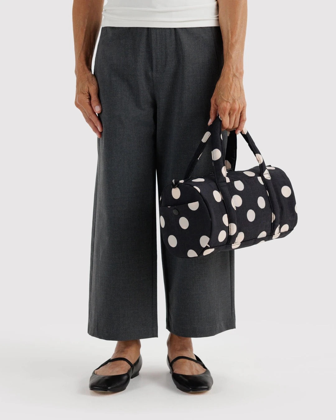 Nylon Duffle Bag - Black & Cream Polka Dot