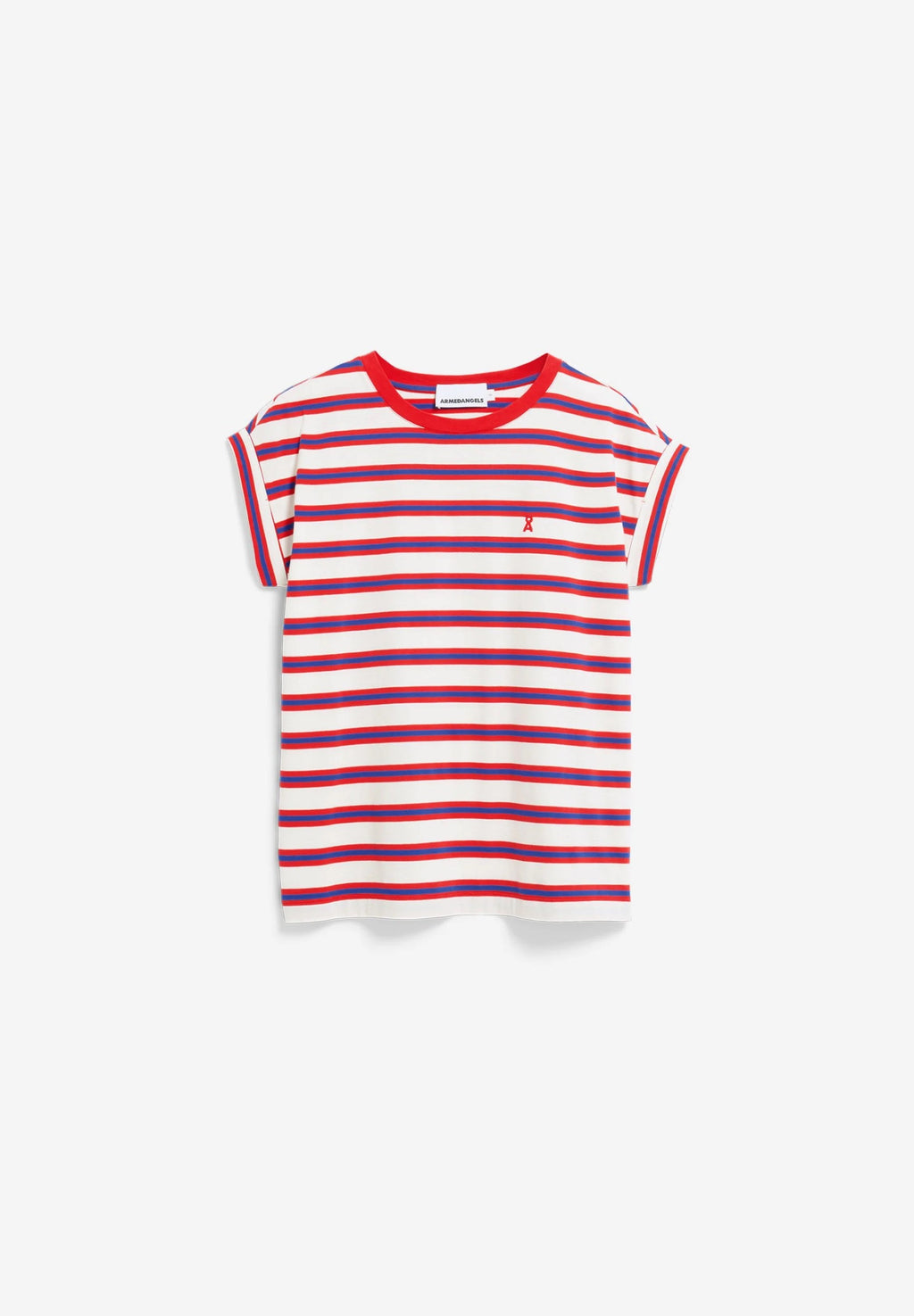 Idaara Stripes Organic Cotton T Shirt - Light Oatmilk/Mars Red/Dynamo Blue