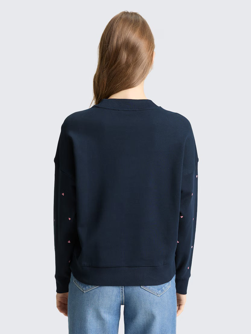 Loose Fit Sweatshirt With Embroidery - Navy/Pink
