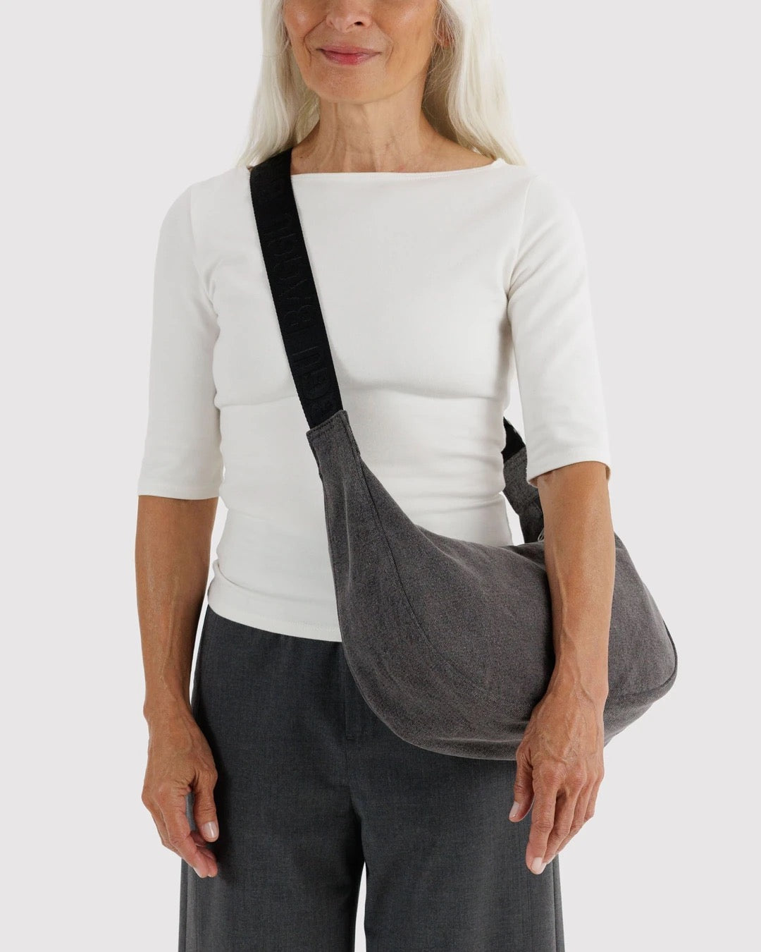 Medium Denim Crescent Bag - Washed Black