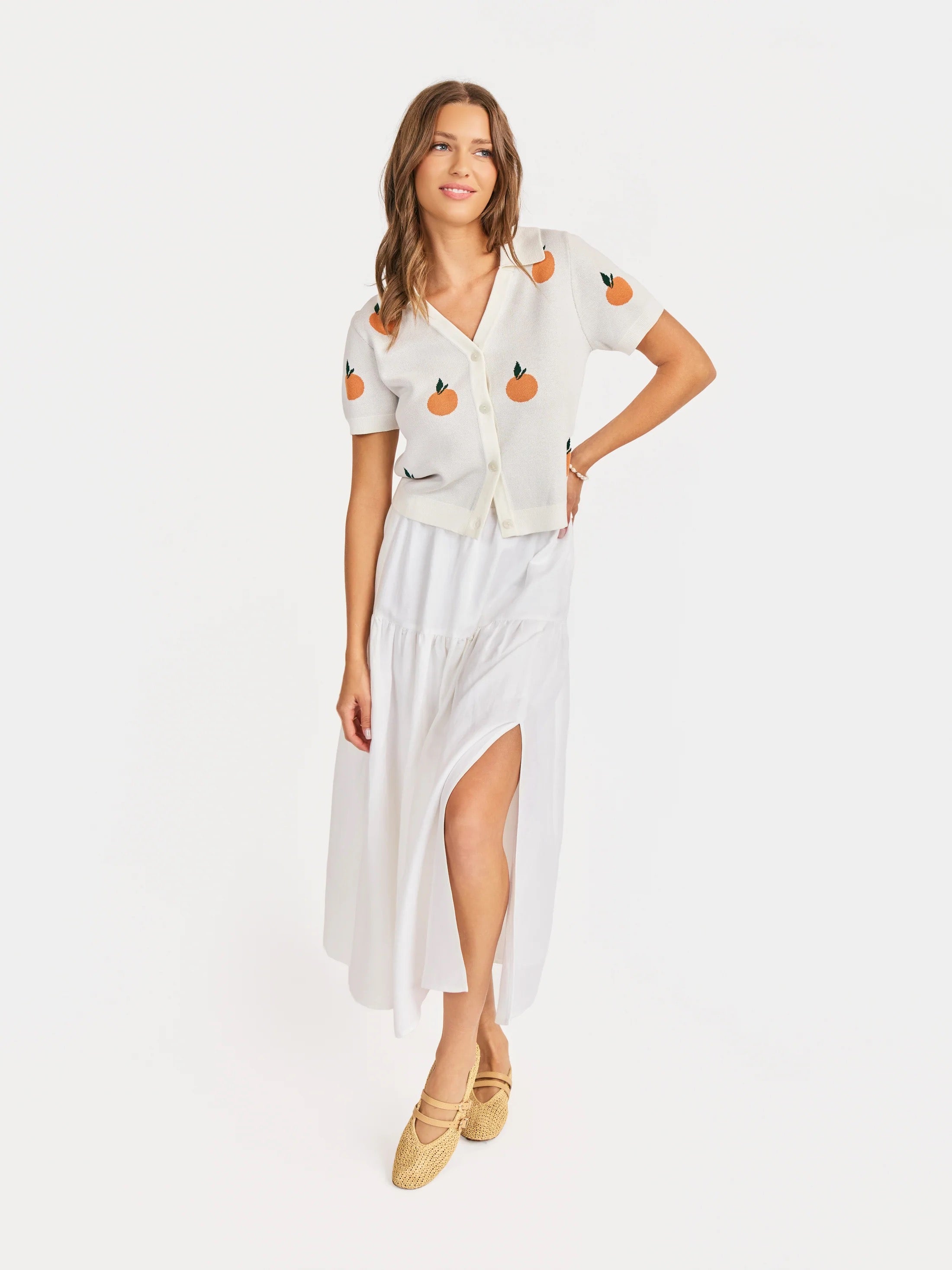Citron Embroidered Orange Knit Shirt - Ivory/Orange