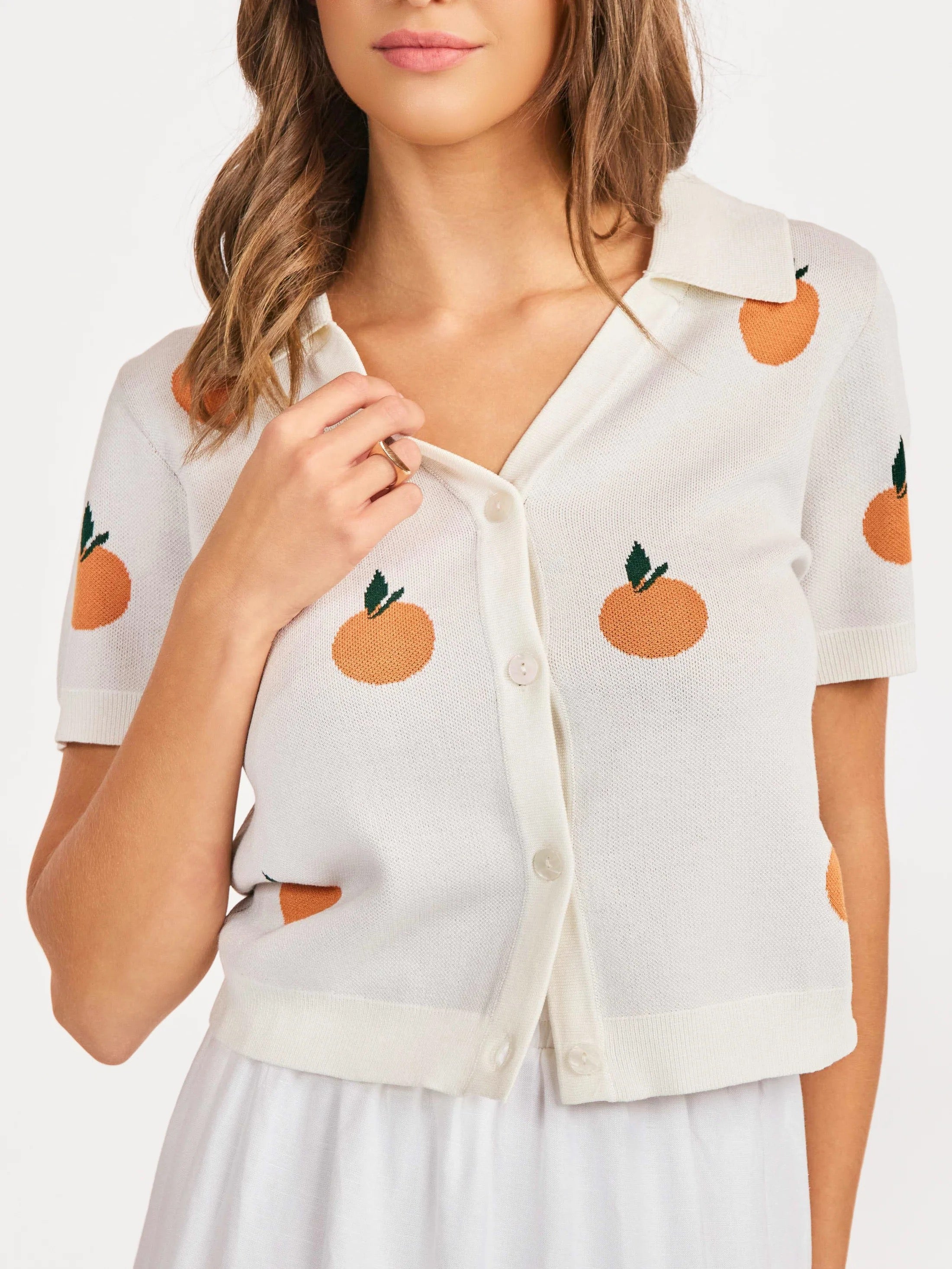 Citron Embroidered Orange Knit Shirt - Ivory/Orange