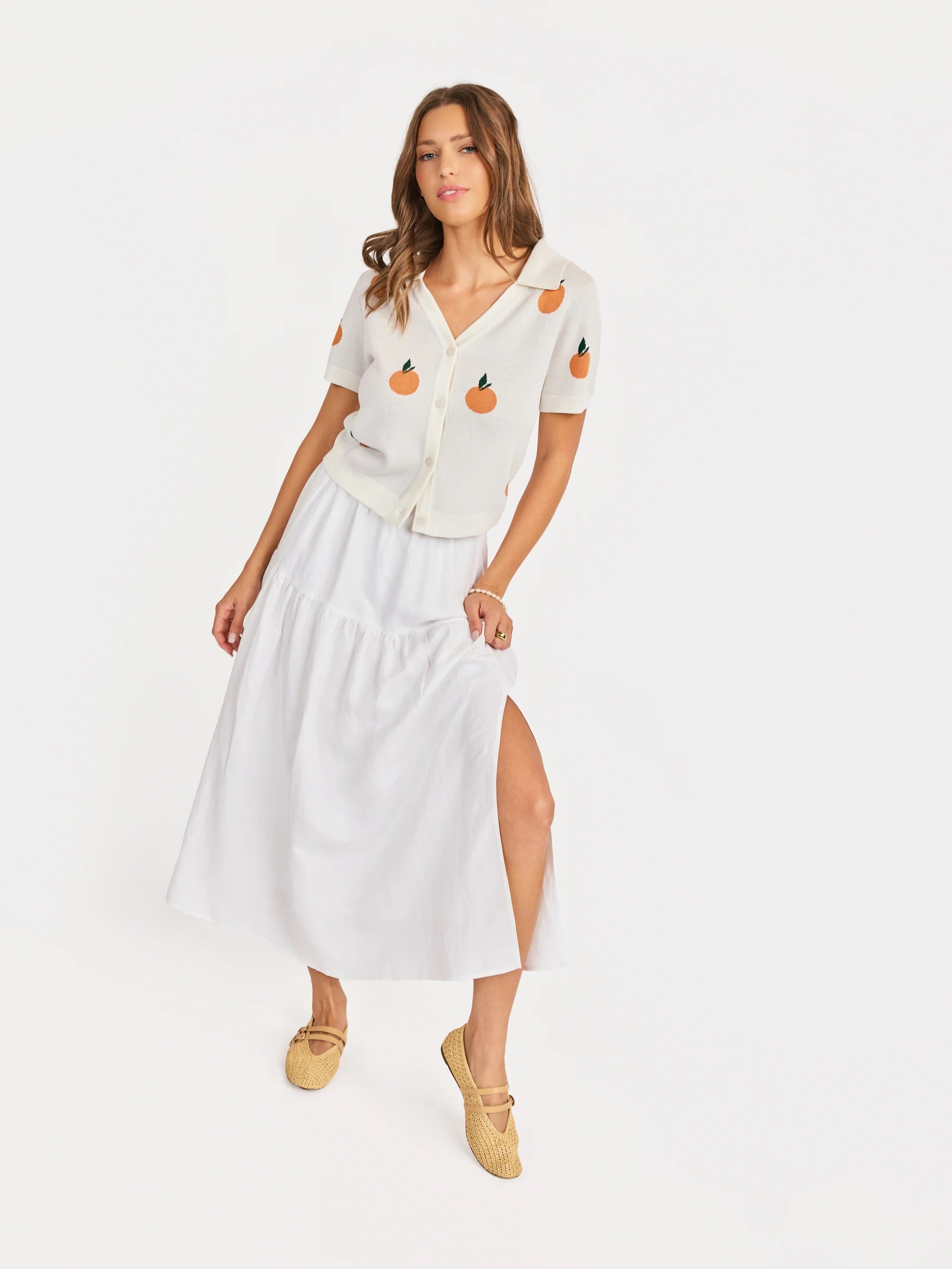 Citron Embroidered Orange Knit Shirt - Ivory/Orange