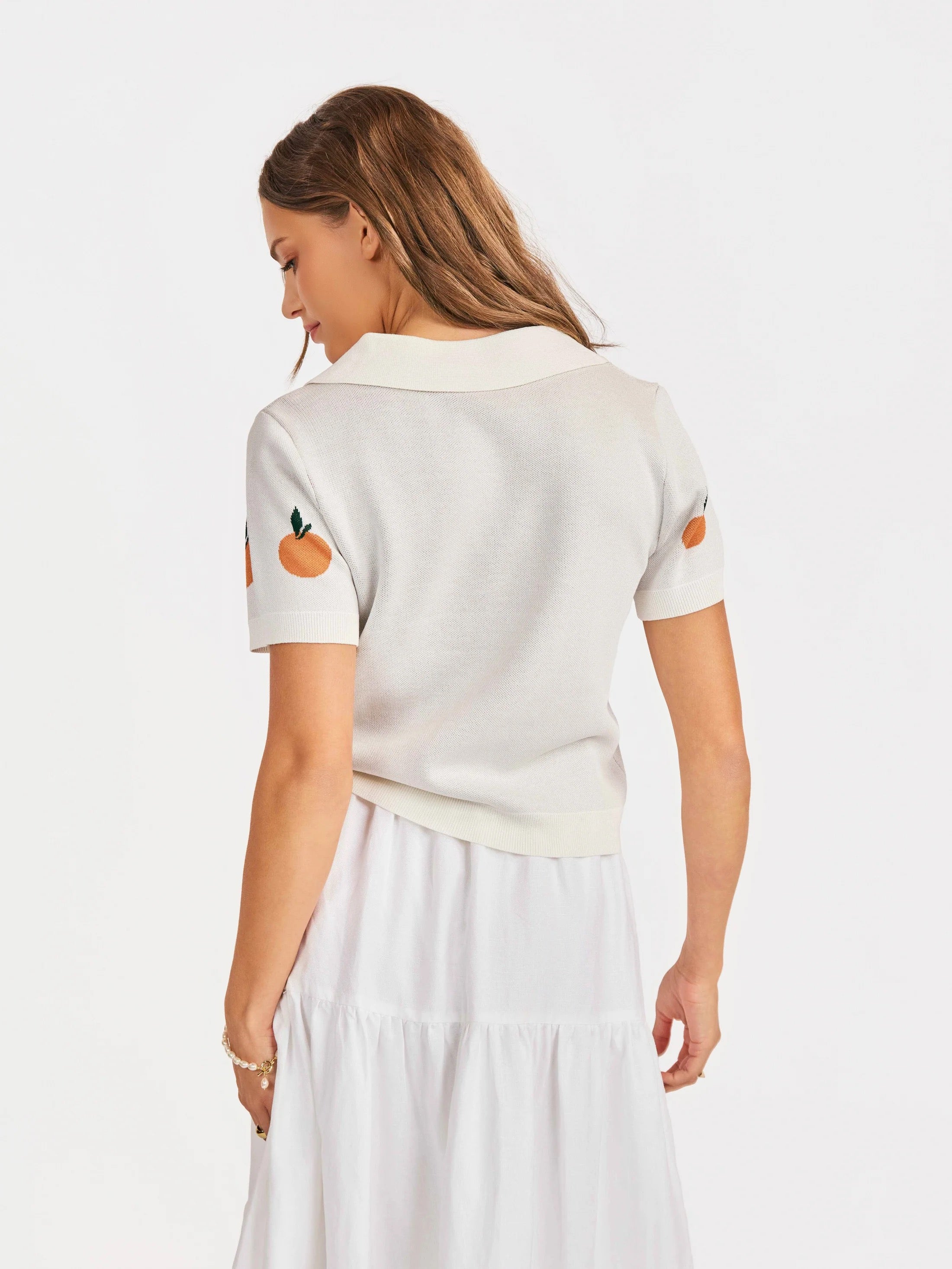 Citron Embroidered Orange Knit Shirt - Ivory/Orange