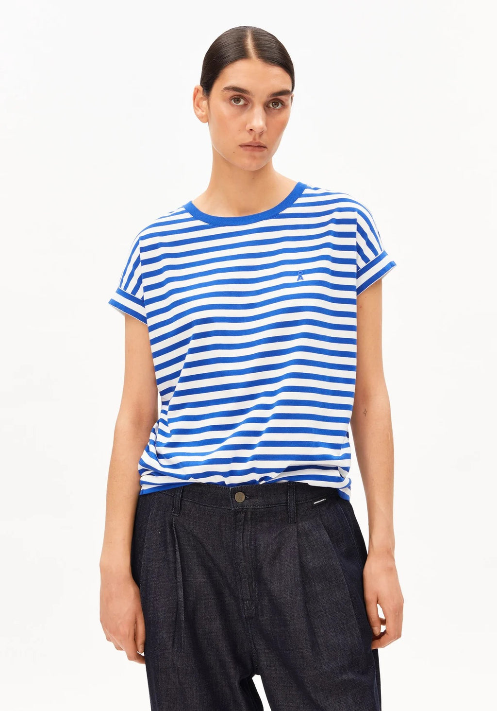 Idaara Stripes Organic Cotton T Shirt - White/Dynamo Blue