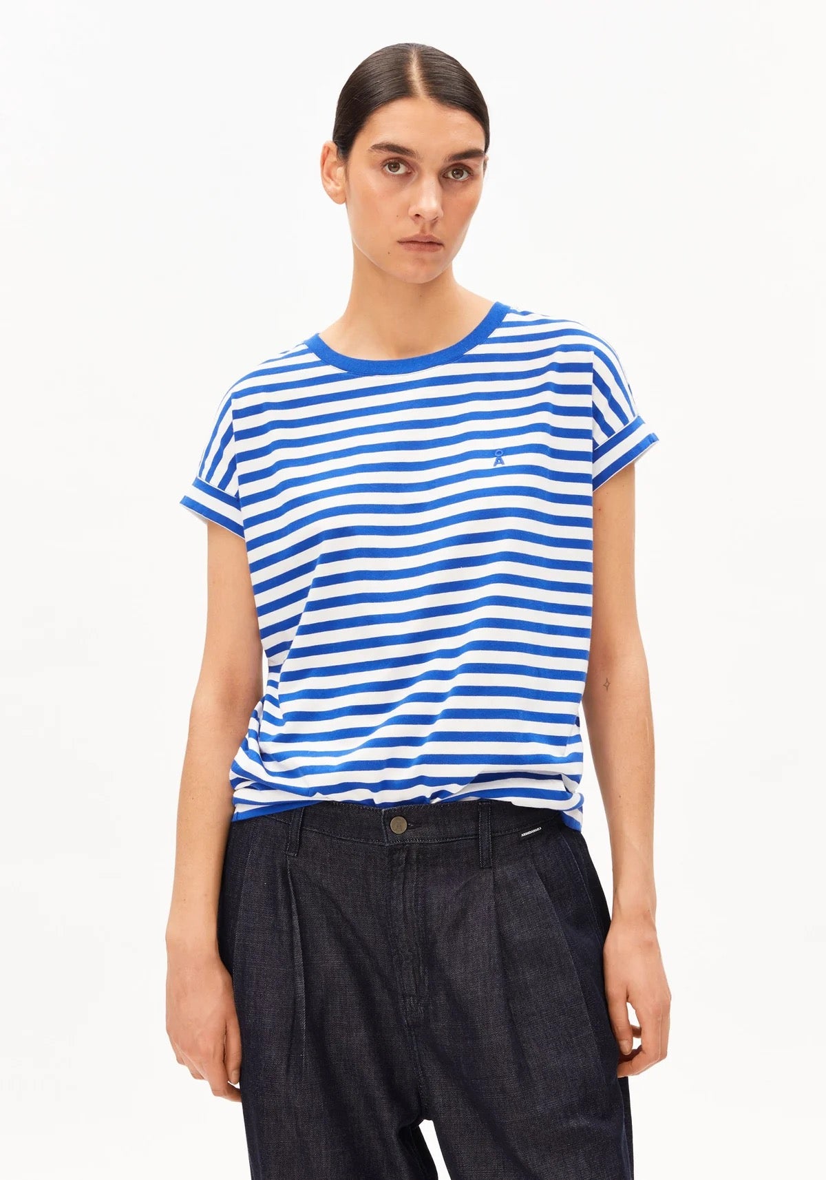Idaara Stripes Organic Cotton T Shirt - White/Dynamo Blue