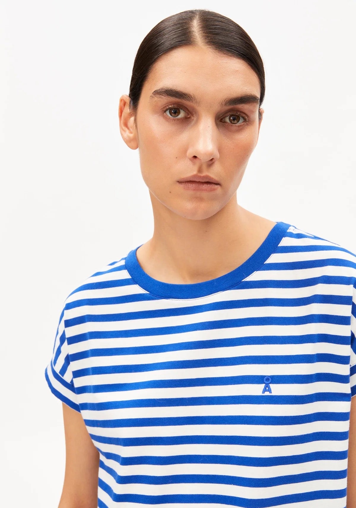 Idaara Stripes Organic Cotton T Shirt - White/Dynamo Blue
