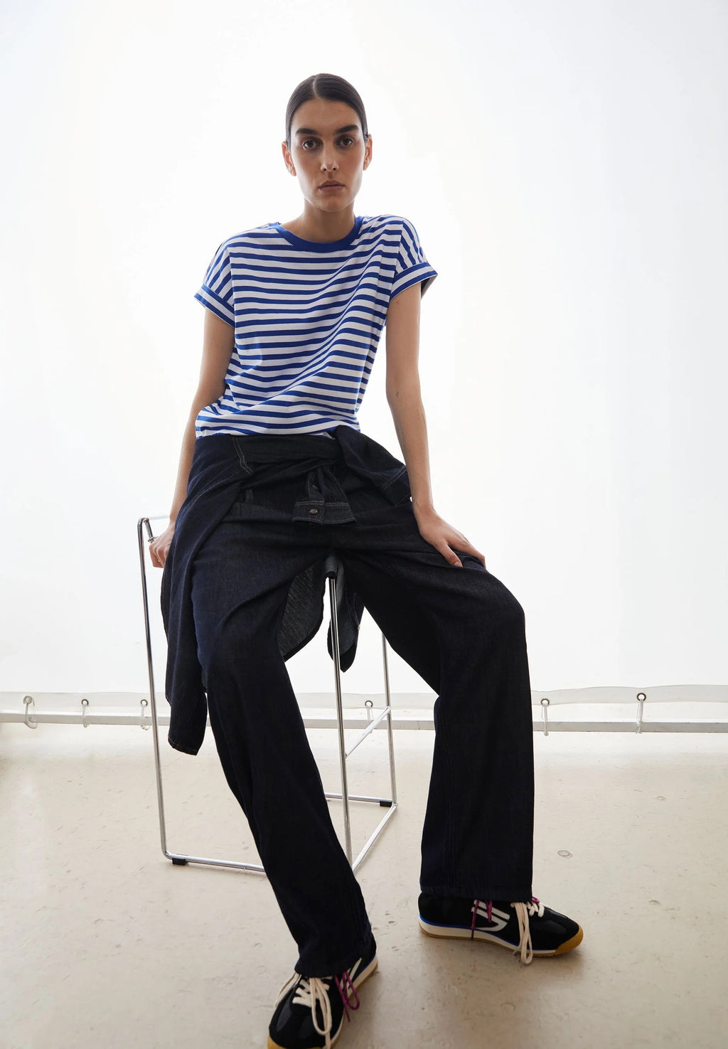 Idaara Stripes Organic Cotton T Shirt - White/Dynamo Blue