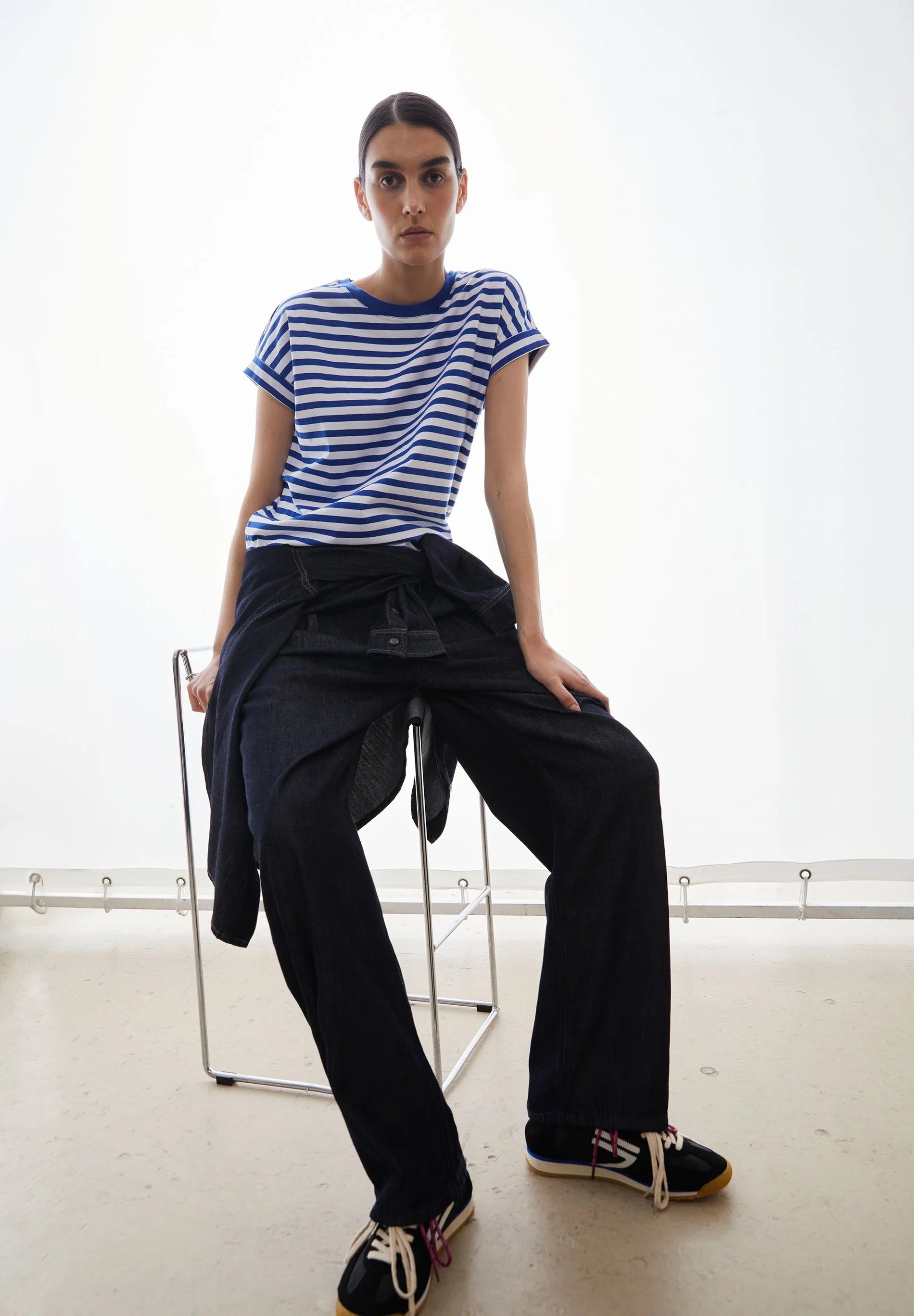 Idaara Stripes Organic Cotton T Shirt - White/Dynamo Blue