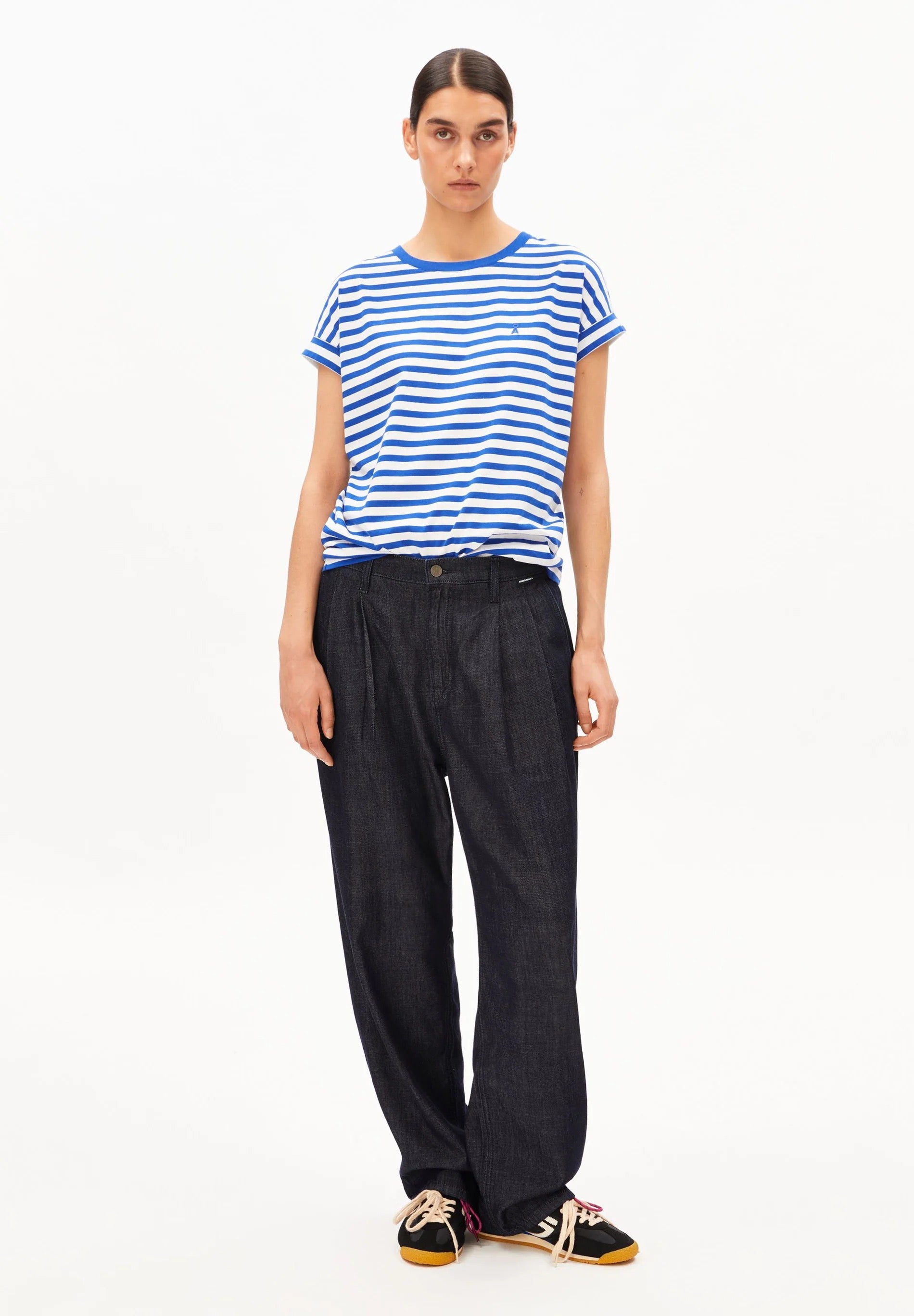 Idaara Stripes Organic Cotton T Shirt - White/Dynamo Blue