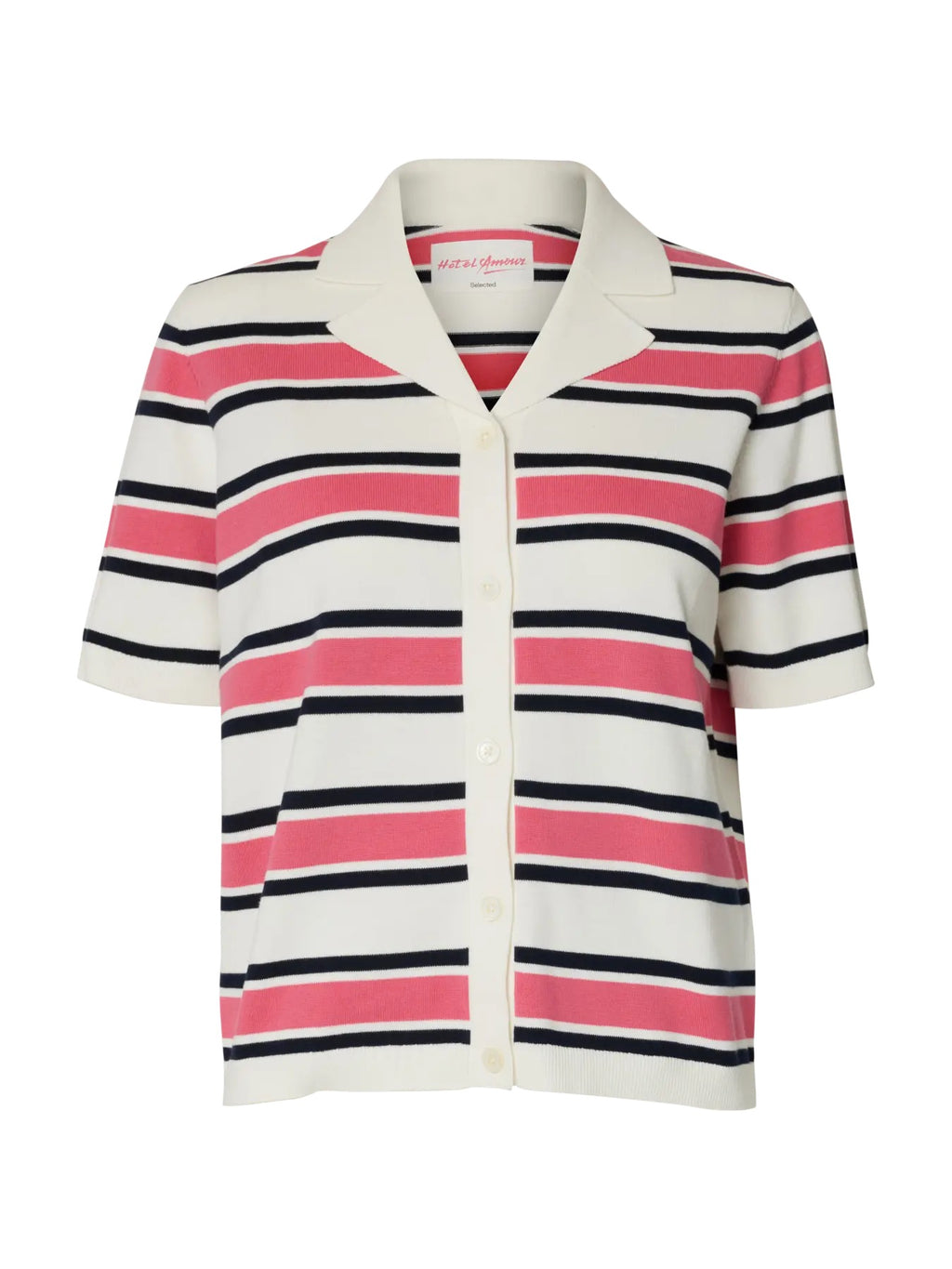 Famour Knit Polo Cardigan - Egret/Hot Pink/Sky Captain