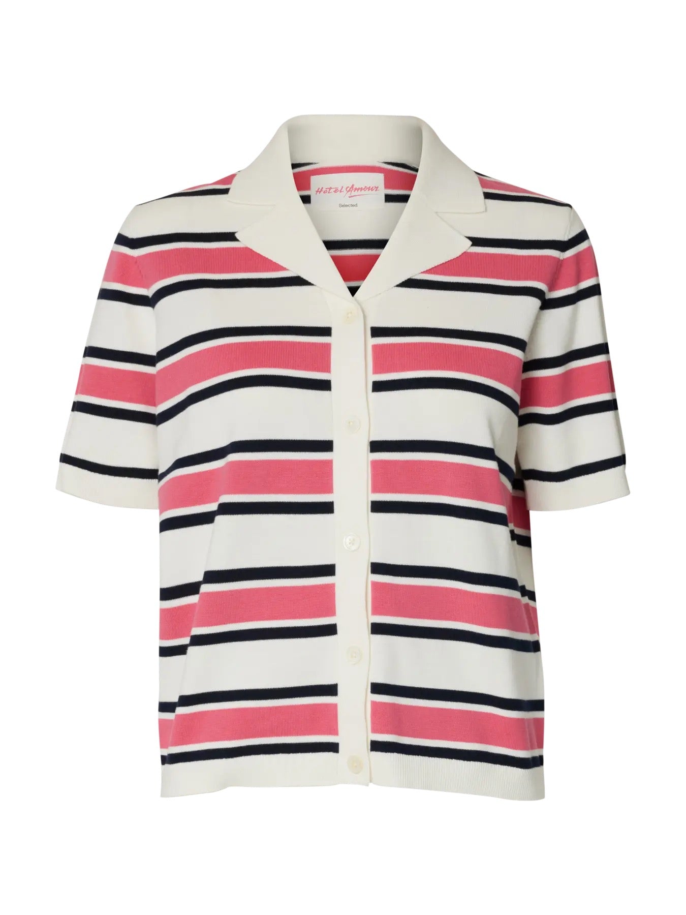 Famour Knit Polo Cardigan - Egret/Hot Pink/Sky Captain