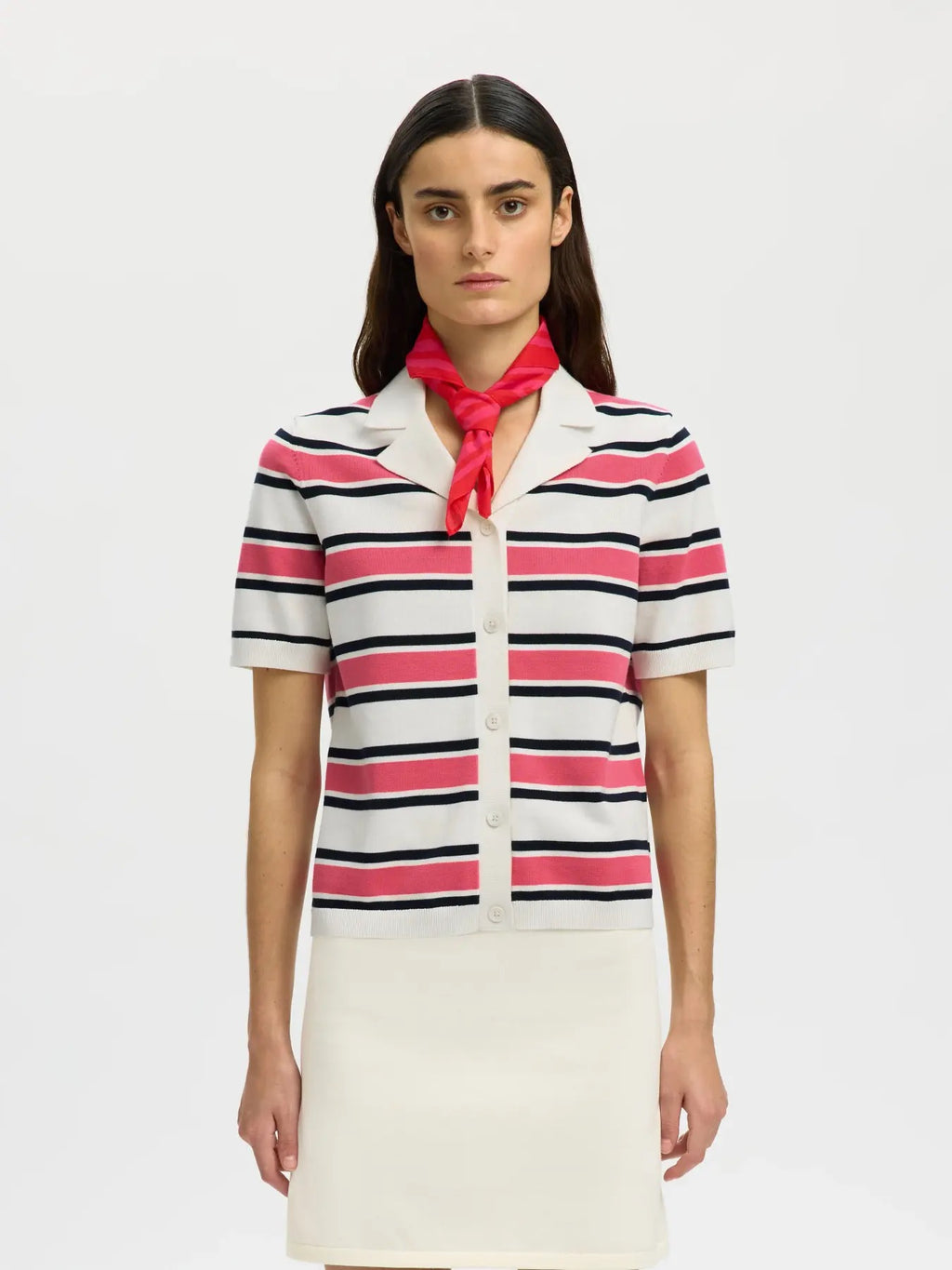 Famour Knit Polo Cardigan - Egret/Hot Pink/Sky Captain